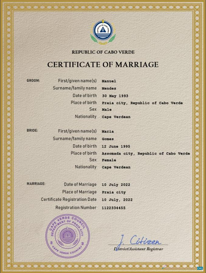 Download Cabo Verde marriage certificate PSD template Photoshop template